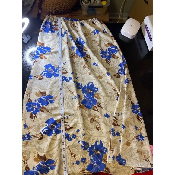 Vintage 90s BICE Blue White Tan Floral Elastic Waist Long Maxi Skirt Sz 8 - Picture 9 of 9